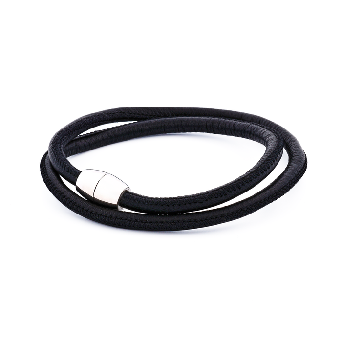 Black Lamb Leather Double wrap/Stainless Steel Bracelet