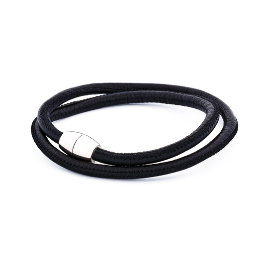 Black Lamb Leather Double wrap/Stainless Steel Bracelet