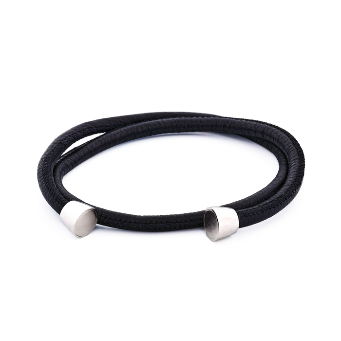 Black Lamb Leather Double wrap/Stainless Steel Bracelet