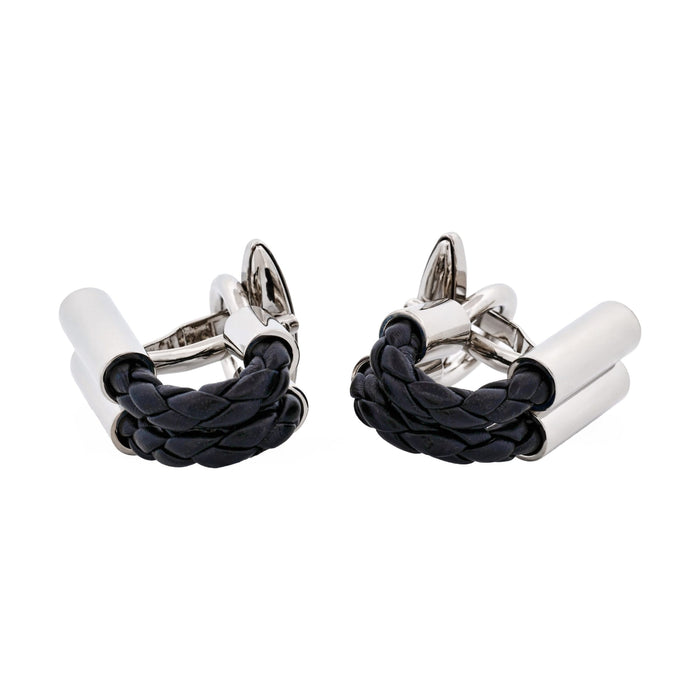 Black Leather & Rhodium Wraparound Cufflinks