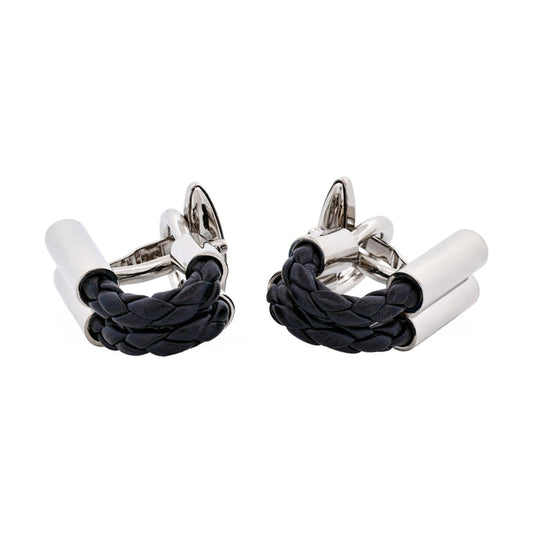 Black Leather & Rhodium Wraparound Cufflinks