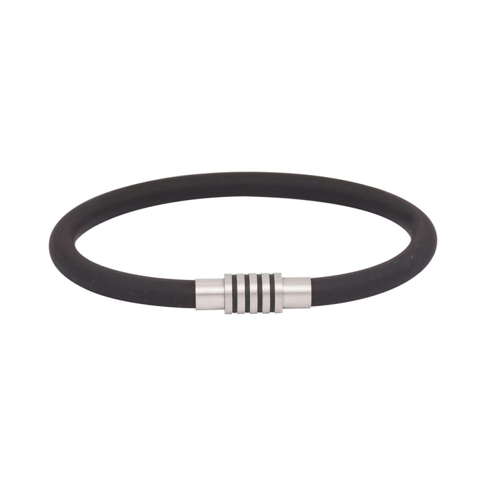 Black Neoprene Rubber Bracelet with Ion Plated Black Enamel Stripes on Stainless Steel Clasp