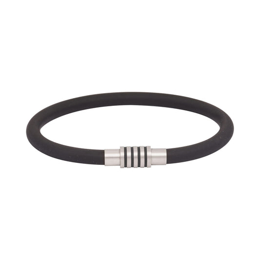 Black Neoprene Rubber Bracelet with Ion Plated Black Enamel Stripes on Stainless Steel Clasp