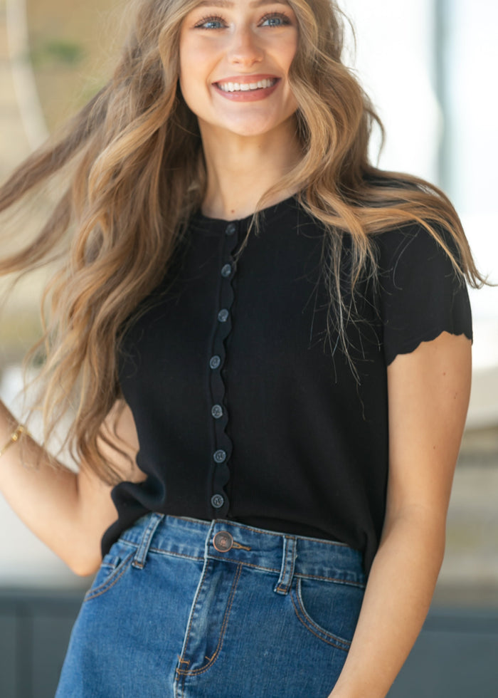 Black Scalloped Edge Knit Cardigan FF Layering Essentials