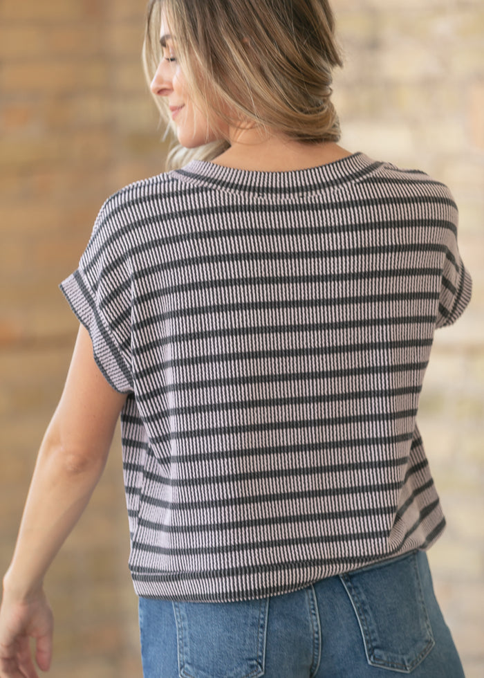 Black Striped Rib Knit Dolman Top FF Tops