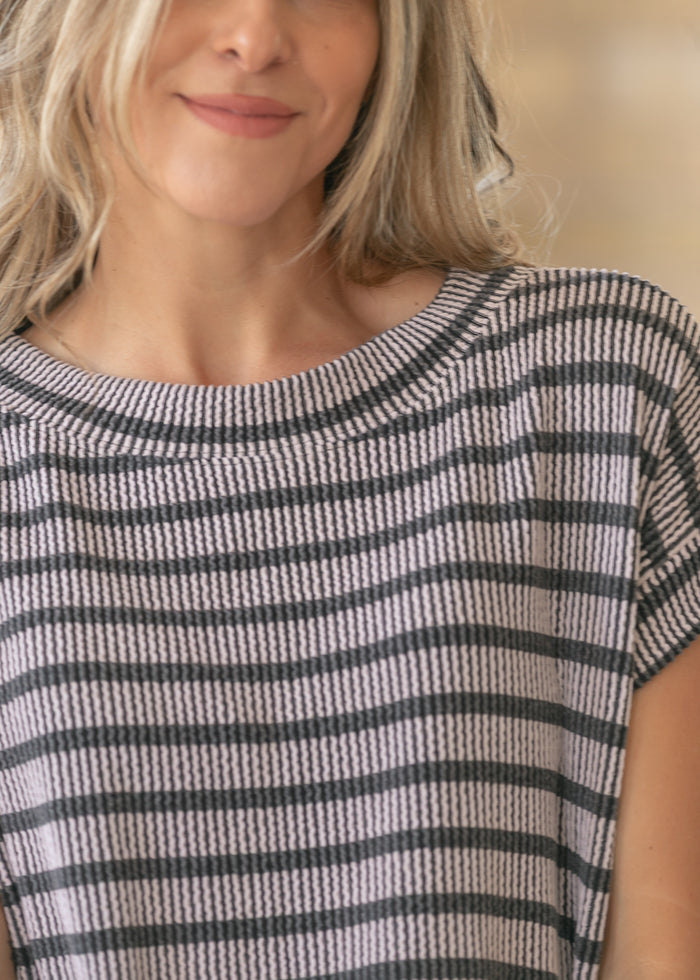 Black Striped Rib Knit Dolman Top FF Tops