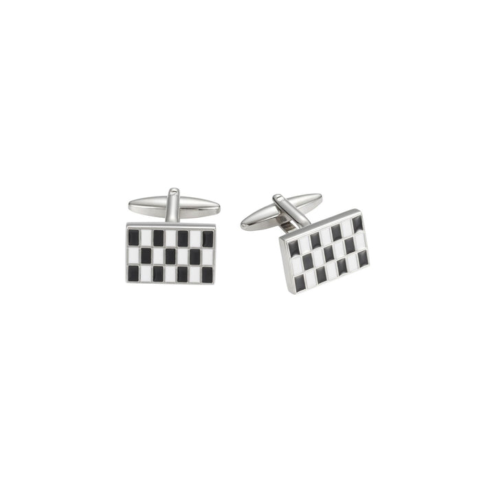 Black & White Enamel Check Rhodium Plated Cufflinks