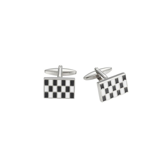 Black & White Enamel Check Rhodium Plated Cufflinks