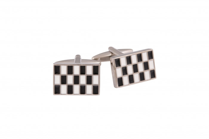 Black & White Enamel Check Rhodium Plated Cufflinks