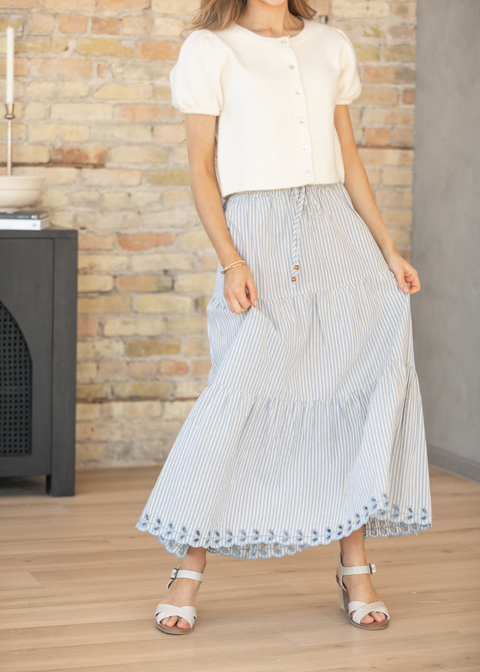 Blue Embroidered Detail Midi Skirt FF Skirts