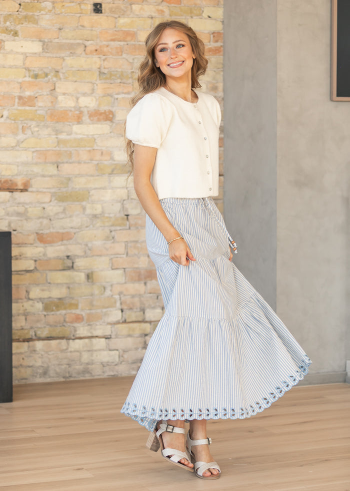 Blue Embroidered Detail Midi Skirt FF Skirts