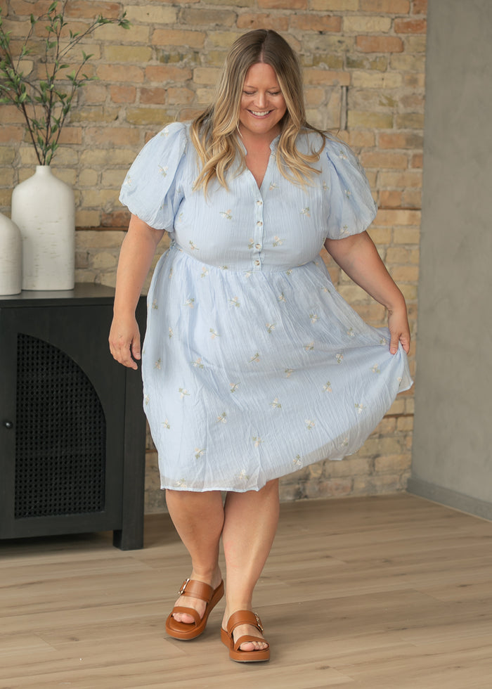 Blue Floral Embroidered V-Neck Midi Dress FF Dresses 1XL