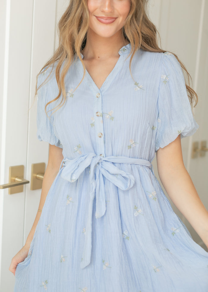 Blue Floral Embroidered V-Neck Midi Dress FF Dresses