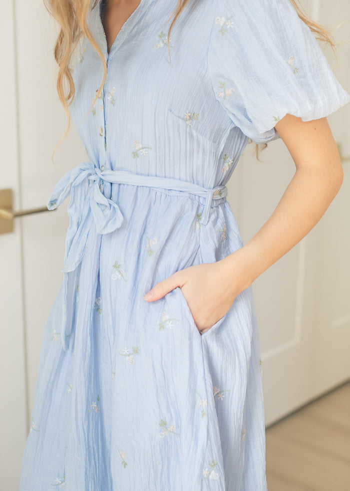 Blue Floral Embroidered V-Neck Midi Dress FF Dresses