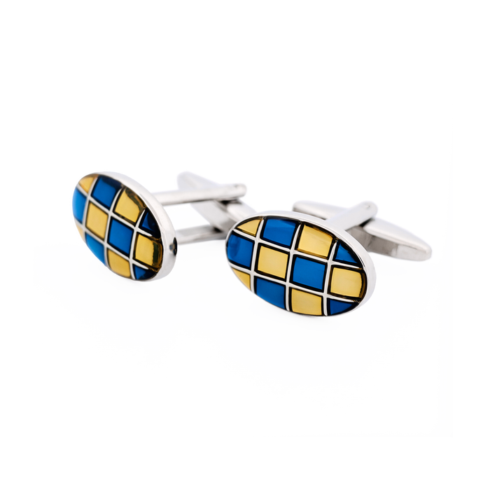 Blue & Gold Enamel Check Oval Cufflinks