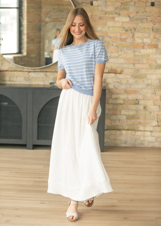 Blue Stripe Puff Sleeve Top FF Tops