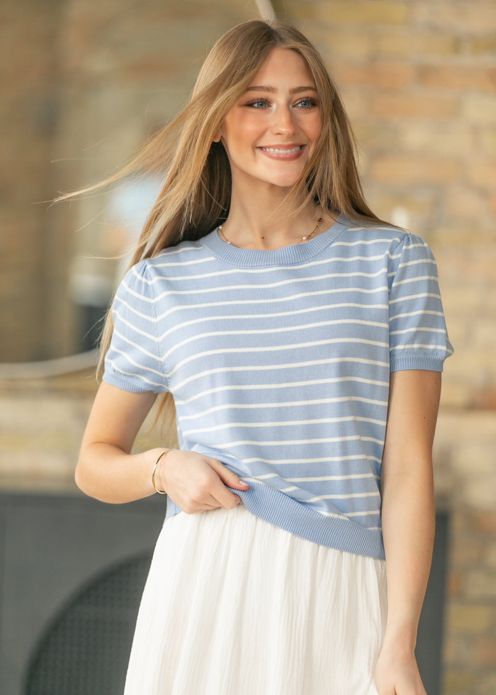 Blue Stripe Puff Sleeve Top FF Tops