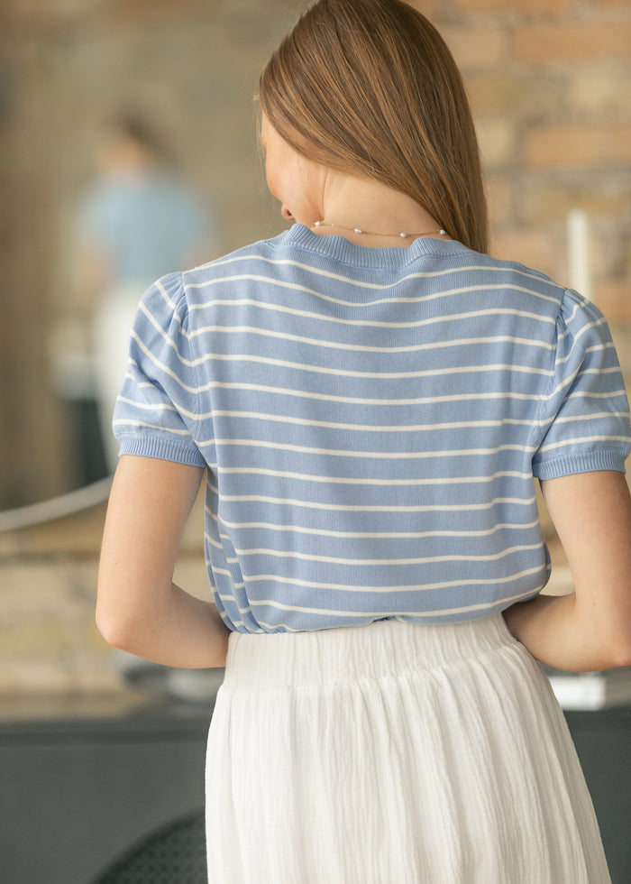 Blue Stripe Puff Sleeve Top FF Tops