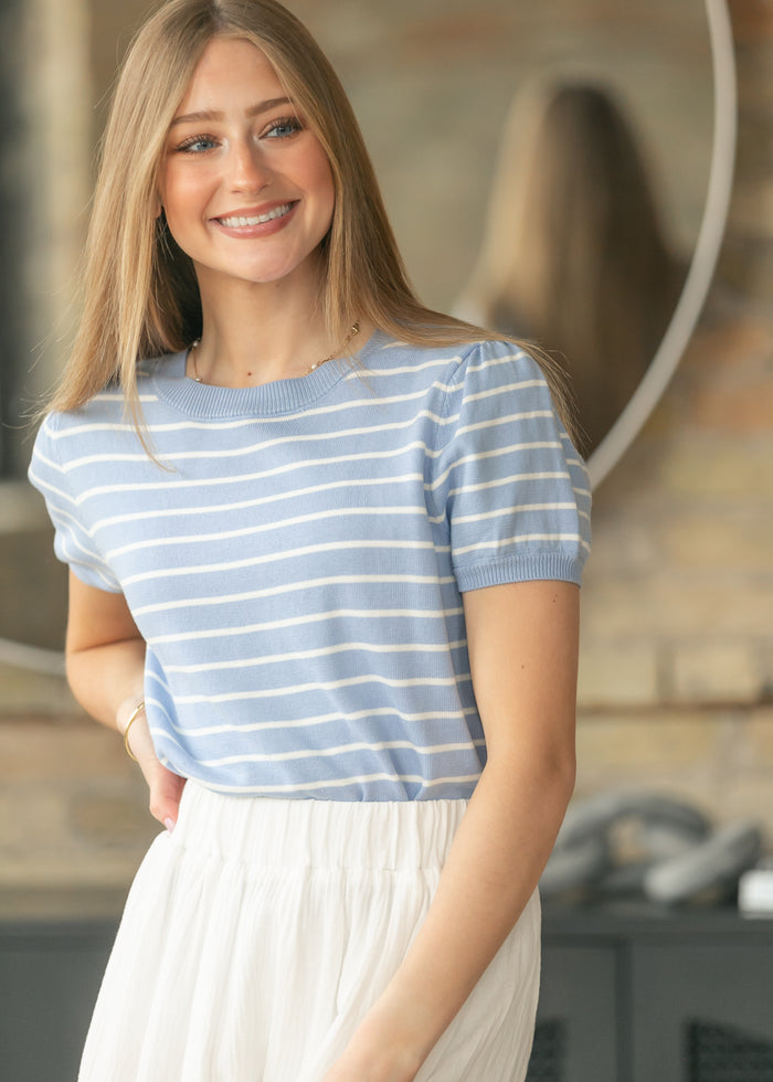 Blue Stripe Puff Sleeve Top FF Tops