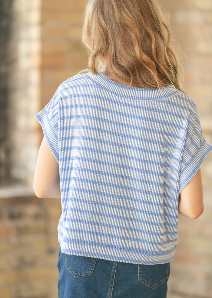 Blue Striped Rib Knit Dolman Top FF Tops