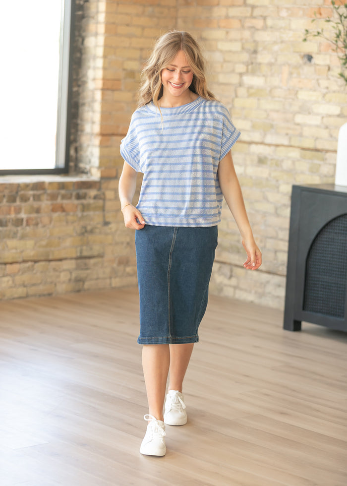 Blue Striped Rib Knit Dolman Top FF Tops