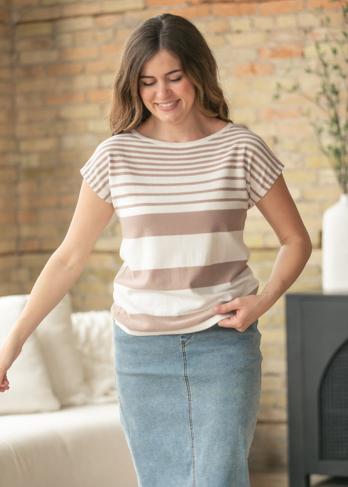 Boat Neck Cap Sleeve Stripe Top FF Tops