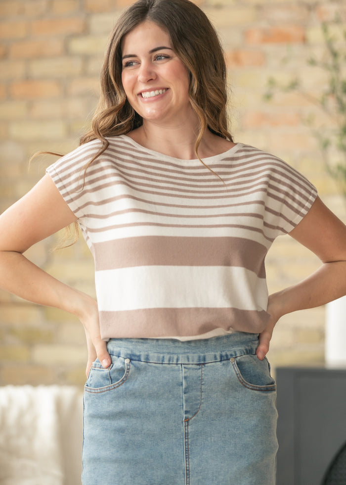 Boat Neck Cap Sleeve Stripe Top FF Tops