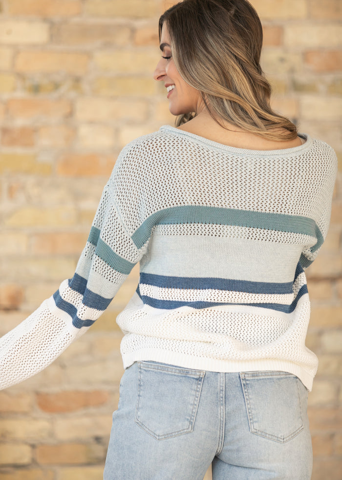 Boatneck Striped Open Stitch Sweater FF Tops