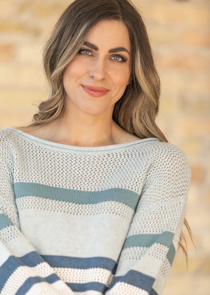 Boatneck Striped Open Stitch Sweater FF Tops
