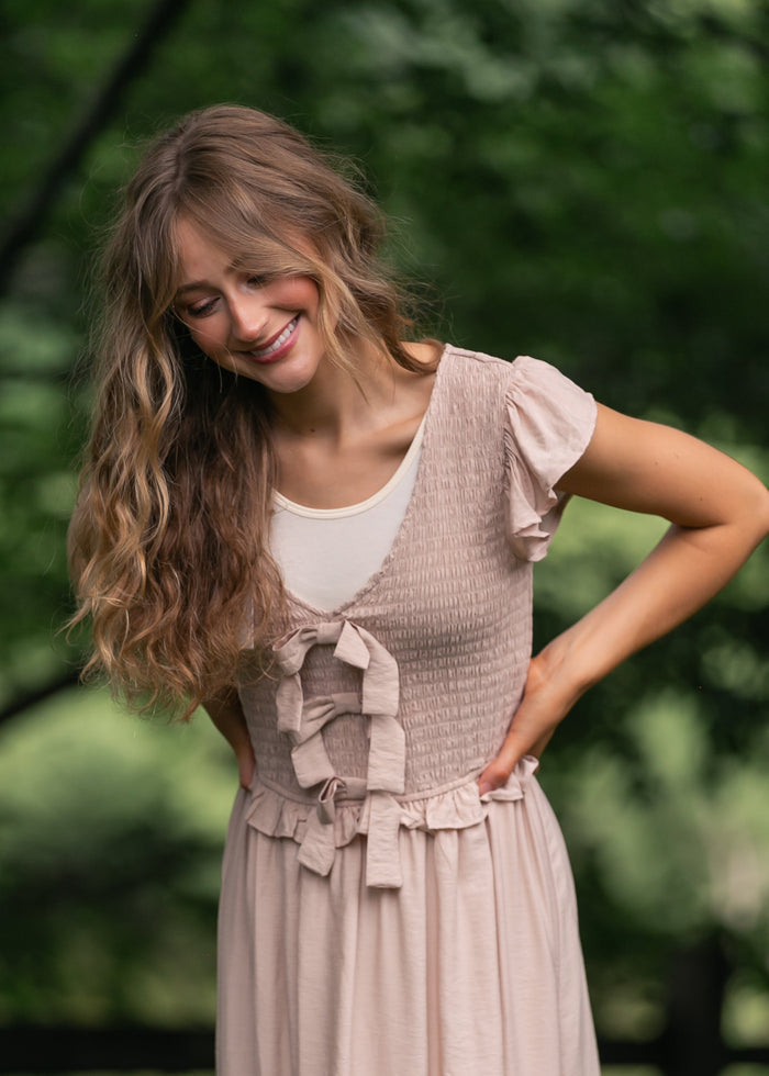 Bow Detail Smocked Midi Dress FF Dresses