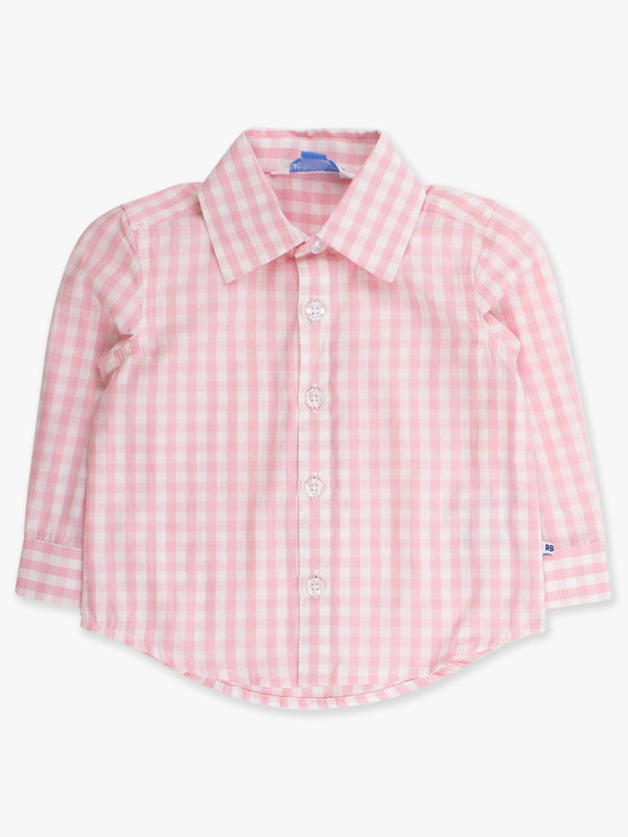Boys Classic Pink Gingham Long Sleeve Button Down Shirt