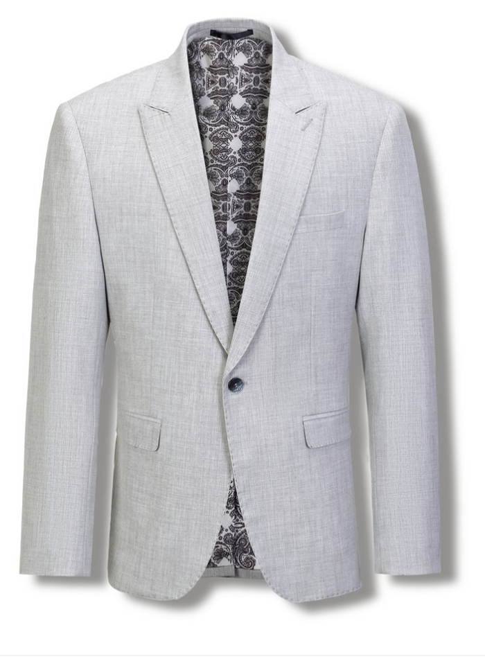 A light gray textured blazer jacket with a single button closure, displayed on a white background with a patterned shirt underneath.