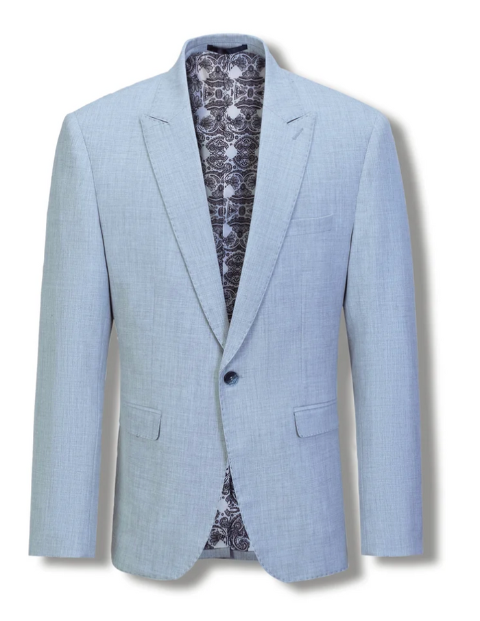 A light blue textured blazer jacket with a single button closure, displayed on a white background with a patterned shirt underneath.