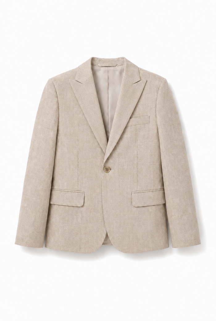 A light beige textured blazer with a single button closure, notch lapels, and flap pockets, displayed on a clean white background.