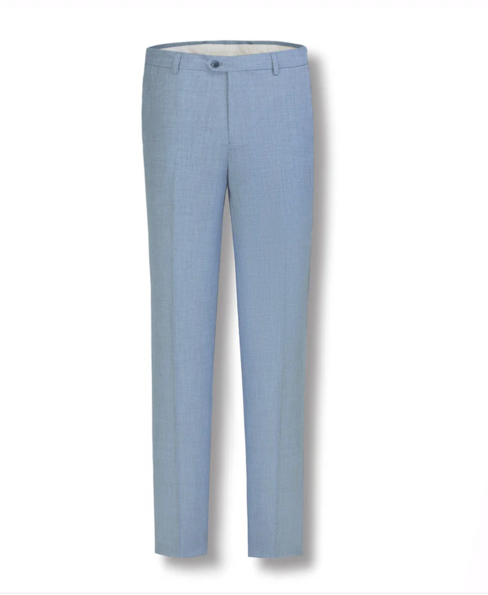 Light blue slim-fit trousers shown flat against a white background.