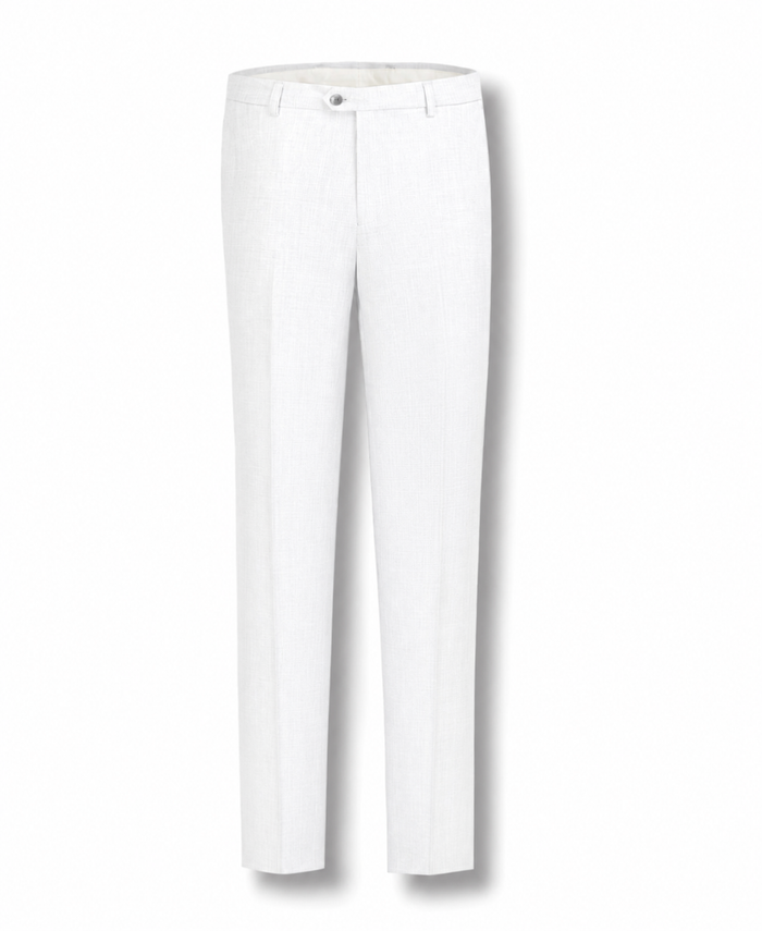 White slim-fit trousers shown flat against a white background.