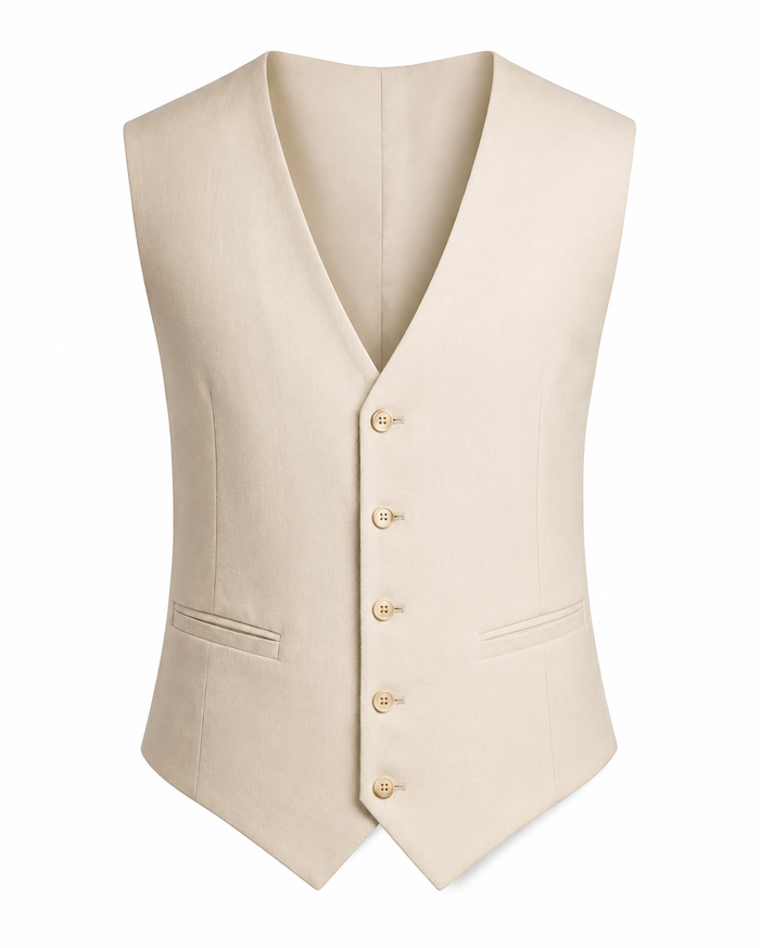 ### Orlando Linen Blend Vest – Cream

Complete your formal look with the **Orlando Linen Blend Vest** in Cream. Designed to perfectly complement the matching **Orlando Cream Suit**, this tailored vest adds timeless sophistication while offering lightweight comfort. The premium linen blend fabric delivers a soft texture and refined finish, making it an ideal choice for warm-weather weddings, beach ceremonies, garden celebrations, and race days.

Wear it as part of the complete three-piece suit or