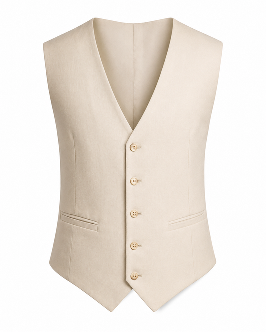 ### Orlando Linen Blend Vest – Cream

Complete your formal look with the **Orlando Linen Blend Vest** in Cream. Designed to perfectly complement the matching **Orlando Cream Suit**, this tailored vest adds timeless sophistication while offering lightweight comfort. The premium linen blend fabric delivers a soft texture and refined finish, making it an ideal choice for warm-weather weddings, beach ceremonies, garden celebrations, and race days.

Wear it as part of the complete three-piece suit or