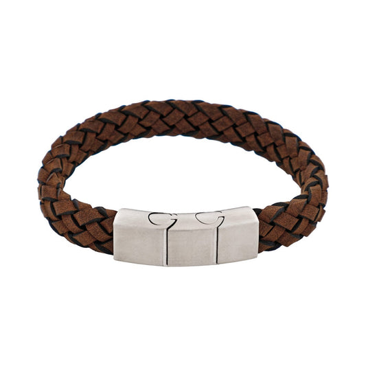 Braided Antique Brown Italian Suede Leather & Brushed Stainless Steel Bracelet