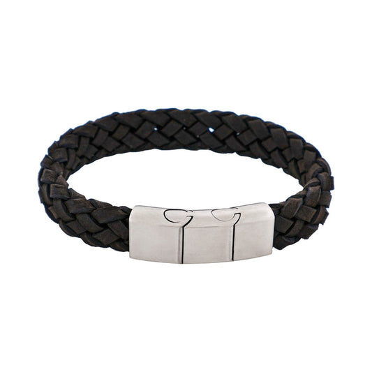 Braided Black Suede Italian Leather & Brushed Stainless Steel Bracelet