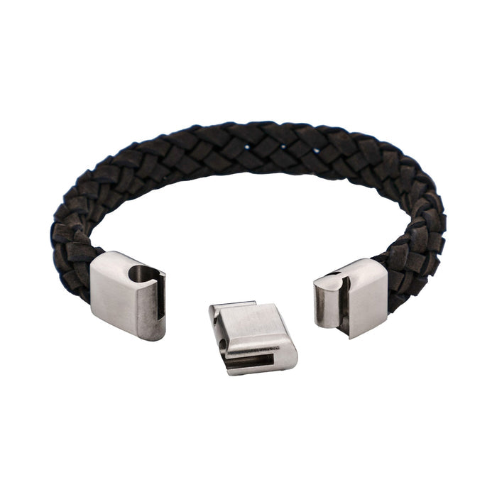Braided Black Suede Italian Leather & Brushed Stainless Steel Bracelet