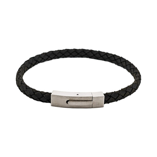 Braided Suede & Steel Calabria Bracelet, 21.5cm x 6mm, Nero