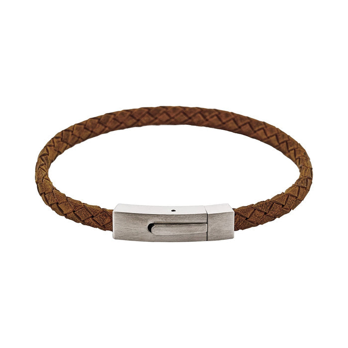 Braided Suede & Steel Calabria Bracelet, 21.5cm x 6mm, Tan
