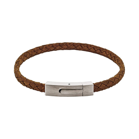 Braided Suede & Steel Calabria Bracelet, 21.5cm x 6mm, Tan