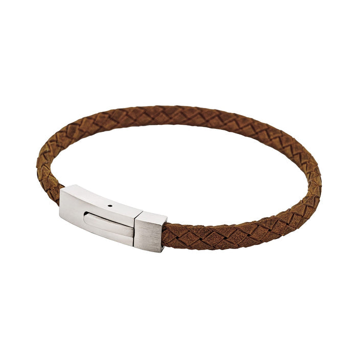 Braided Suede & Steel Calabria Bracelet, 21.5cm x 6mm, Tan