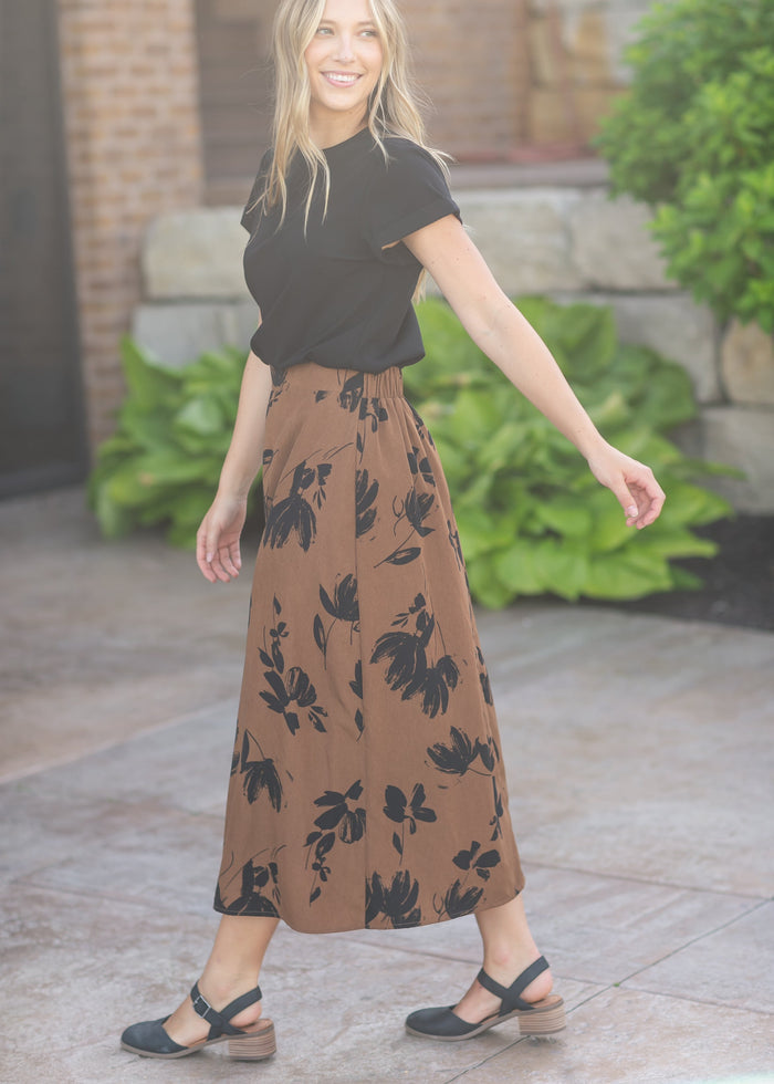Preorder Braylyn Camel Floral Midi Skirt IC Skirts