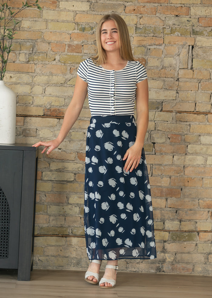 Braylyn Navy Watercolor Floral Midi Skirt IC Skirts