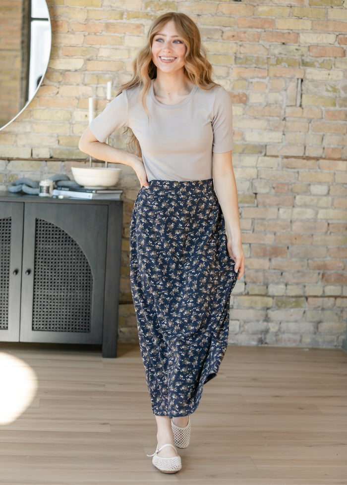 Braylyn Navy Floral Midi Skirt IC Skirts