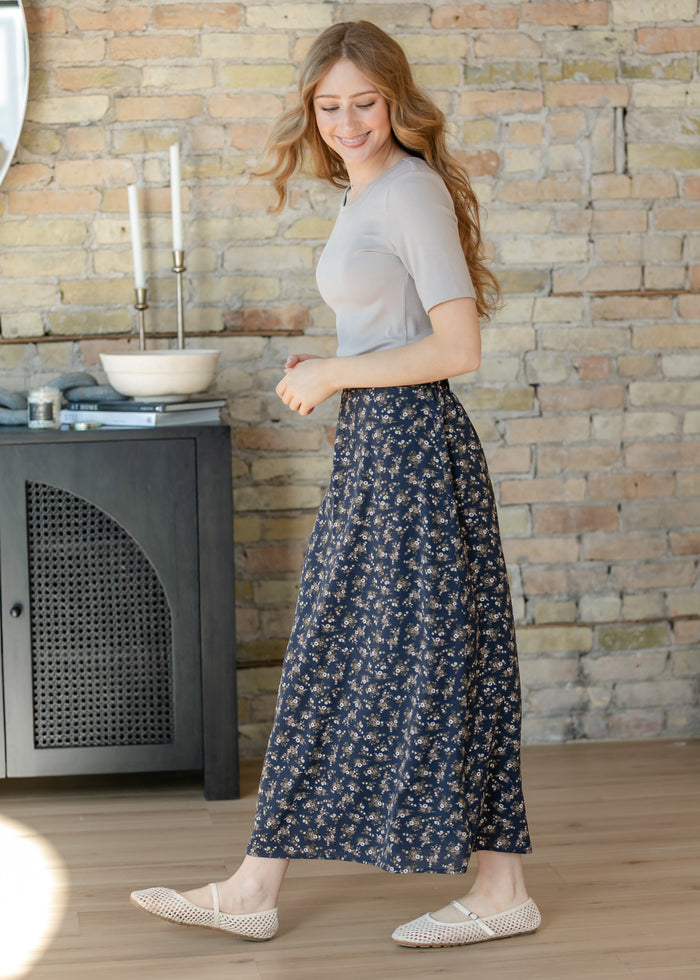 Braylyn Navy Floral Midi Skirt IC Skirts