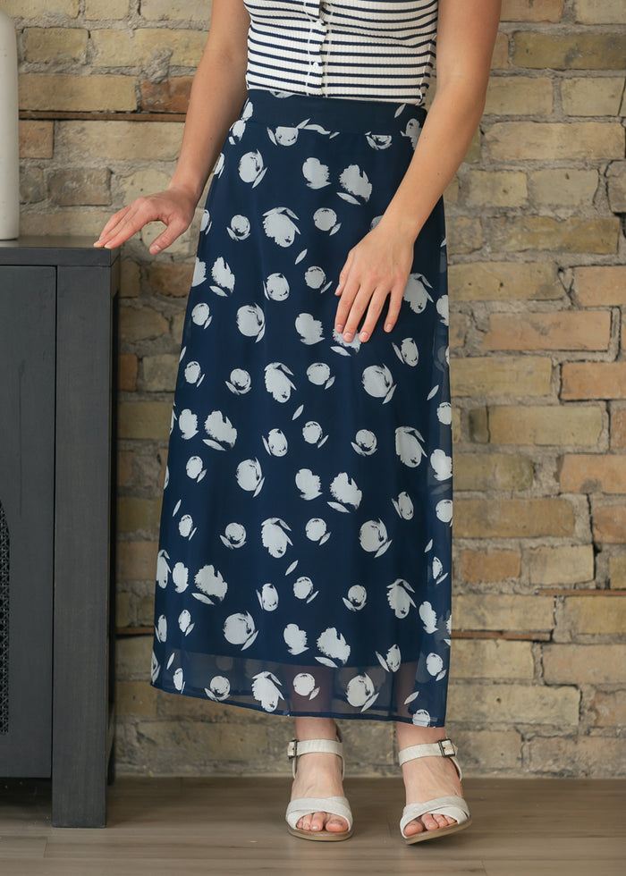 Braylyn Navy Watercolor Floral Midi Skirt IC Skirts